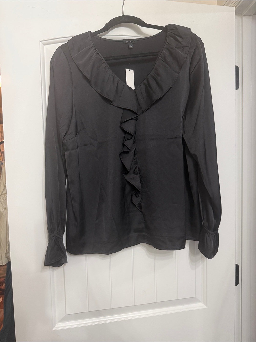 Talbots Black Ruffle-Trim Long Sleeve Blouse